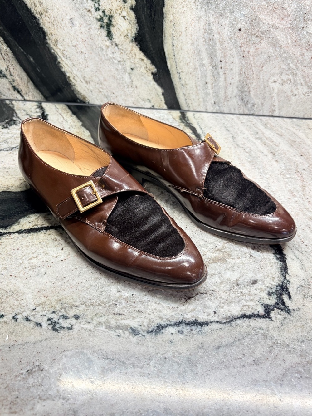 Classiques Entier Brown Leather Pony Hair Monk Strap Loafers Women’s 7.5 Italy